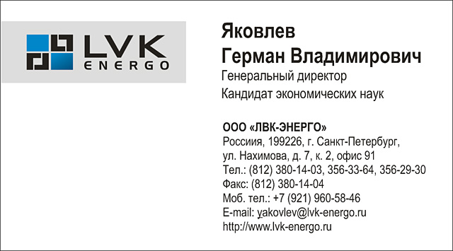 Визитки для компании "LVK Energo": 